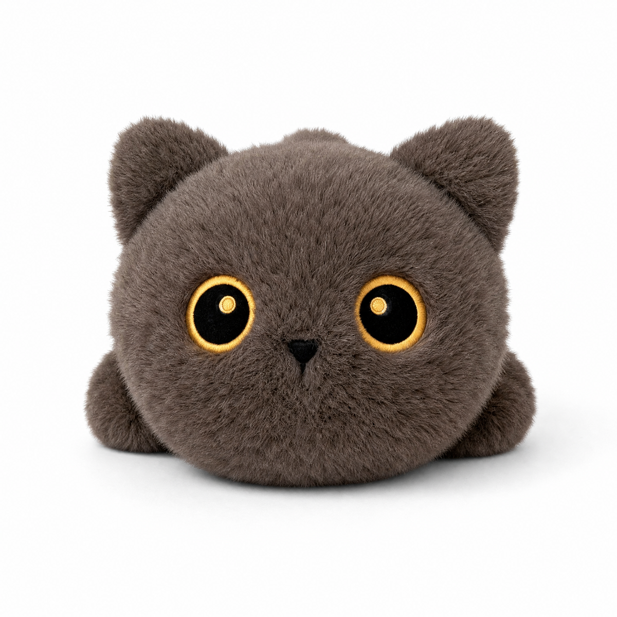 Peluche gatto nero disteso con grandi occhi - Sfondo bianco frontale