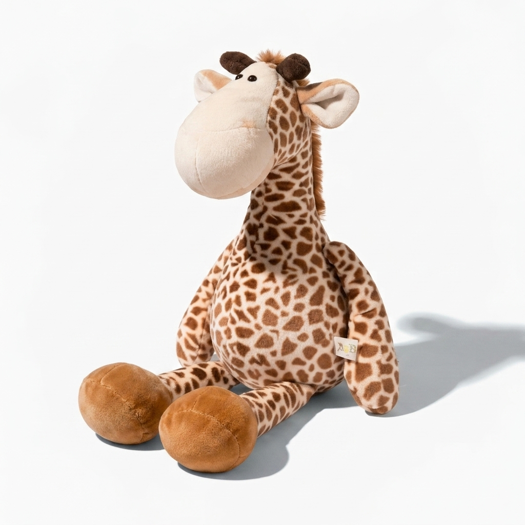 Peluche giraffa seduta con grandi zoccoli - Sfondo bianco di profilo