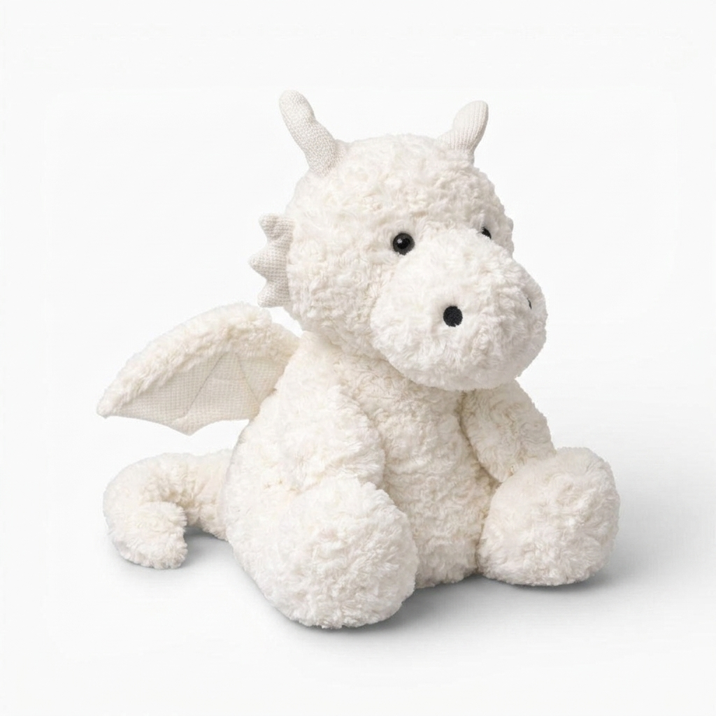 Peluche drago bianco con ali - Sfondo bianco di profilo