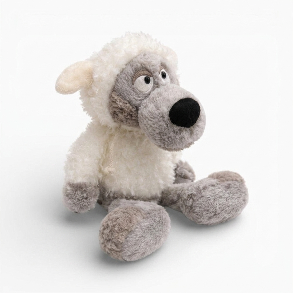 Peluche Lupo Travestito da Pecora Umoristica - Sfondo bianco angolato
